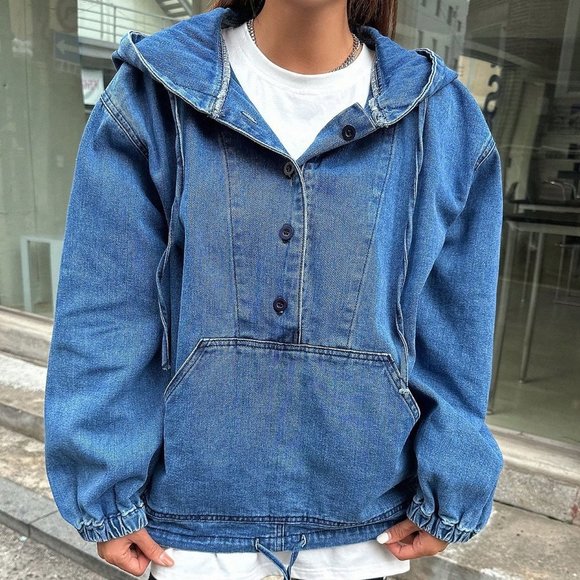 Blue Preppy Womens Half Button Drawstring Hem Hooded Denim Jacket - Picture 4 of 5